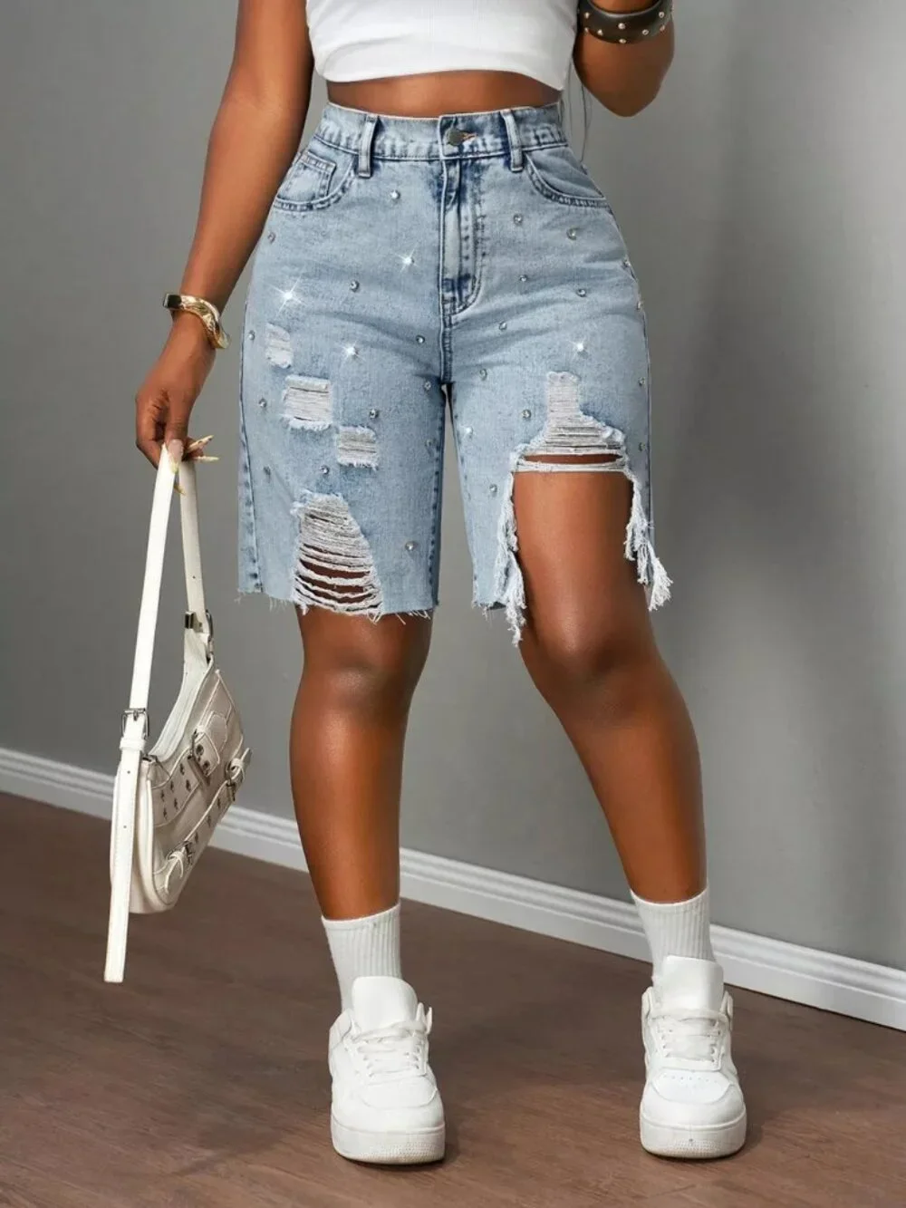 Distressed Rhinestone Denim Shorts - Picture 5 of 8
